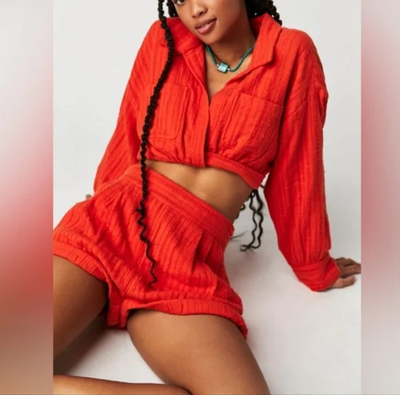 Free People Gauze Shorts And Crop Long Sleeve Top Two-Piece Set Size Small - Picture 3 of 11